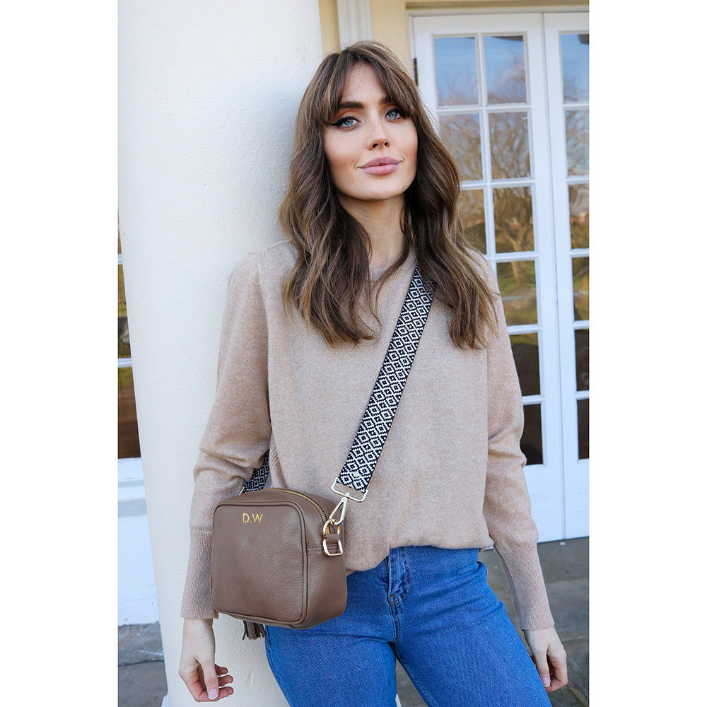 Monogrammed Leather Crossbody Bag in Grey  Leather Bags Deeply Engraved