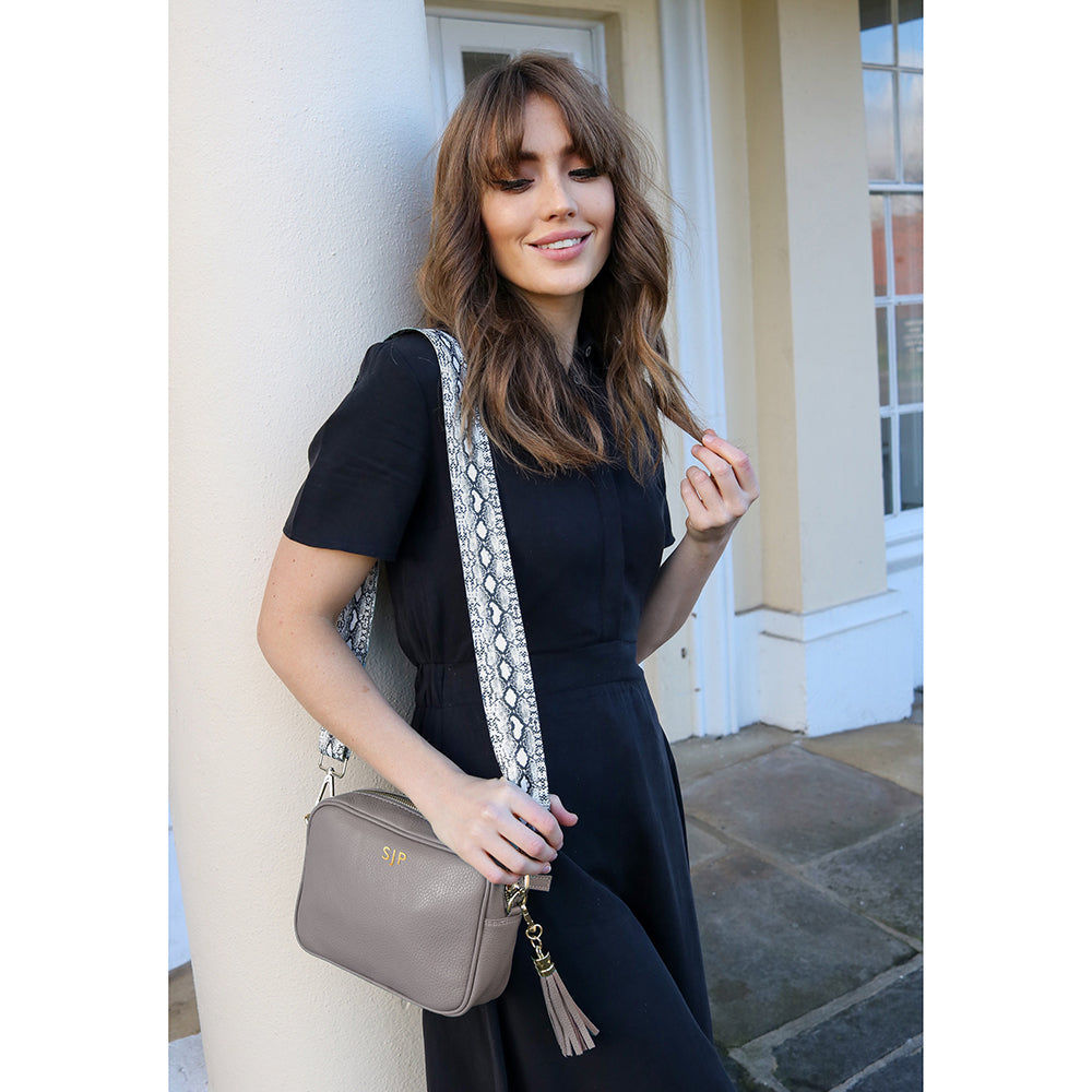 Monogrammed Leather Crossbody Bag in Grey  Leather Bags Deeply Engraved