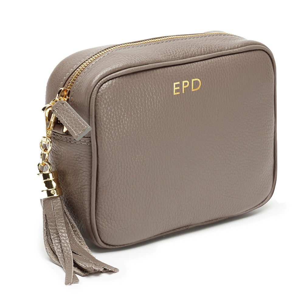 Monogrammed Leather Crossbody Bag in Grey  Leather Bags Deeply Engraved