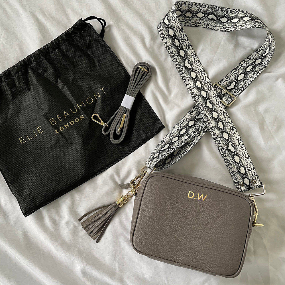 Monogrammed Leather Crossbody Bag in Grey  Leather Bags Deeply Engraved