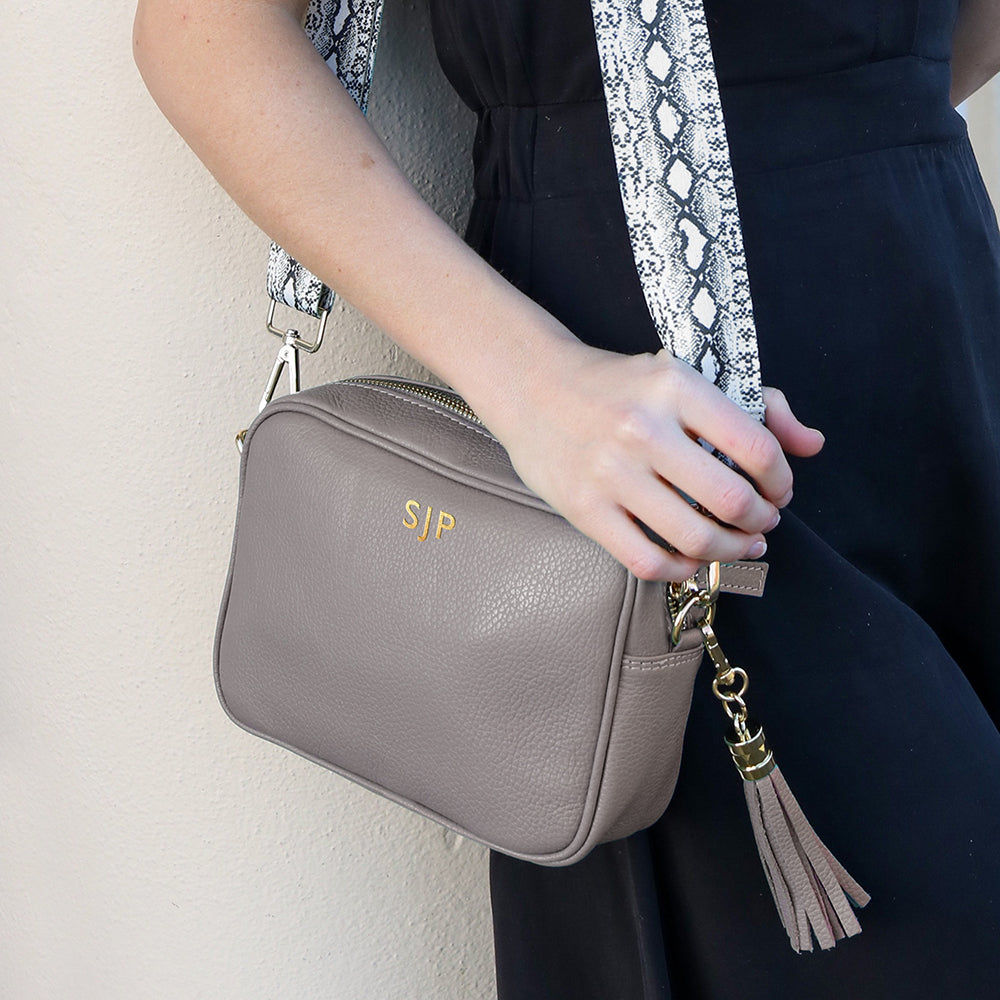 Monogrammed Leather Crossbody Bag in Grey  Leather Bags Deeply Engraved