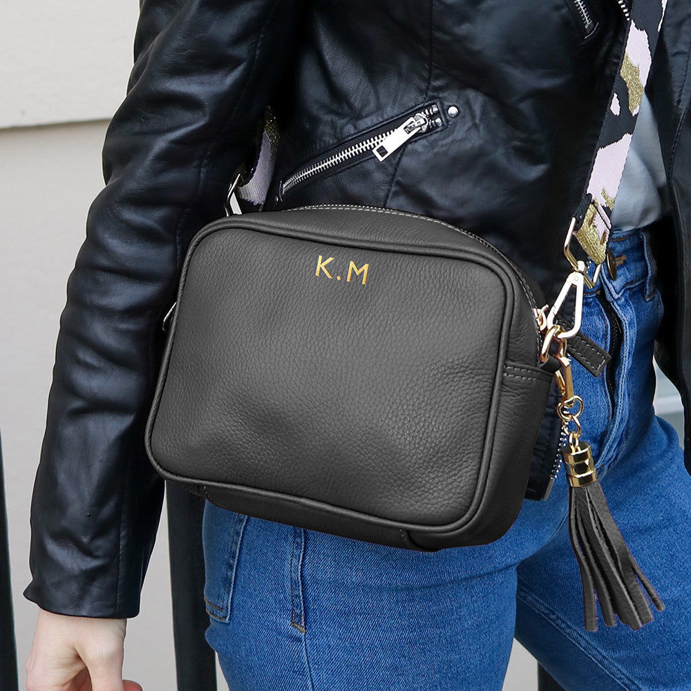 Monogrammed Leather Crossbody Mini Bag in Black  Leather Bags Deeply Engraved