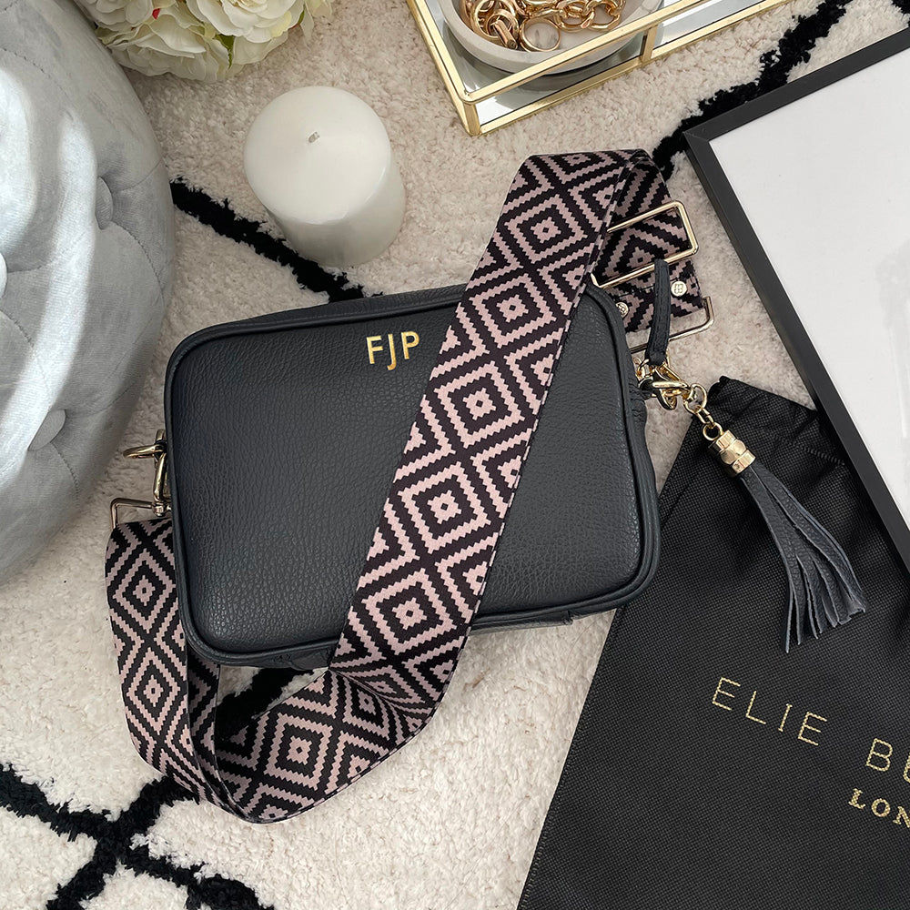 Monogrammed Leather Crossbody Mini Bag in Black  Leather Bags Deeply Engraved