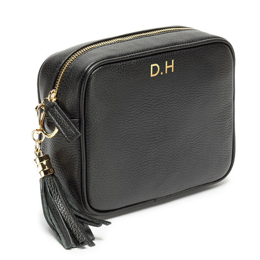 Monogrammed Leather Crossbody Mini Bag in Black  Leather Bags Deeply Engraved