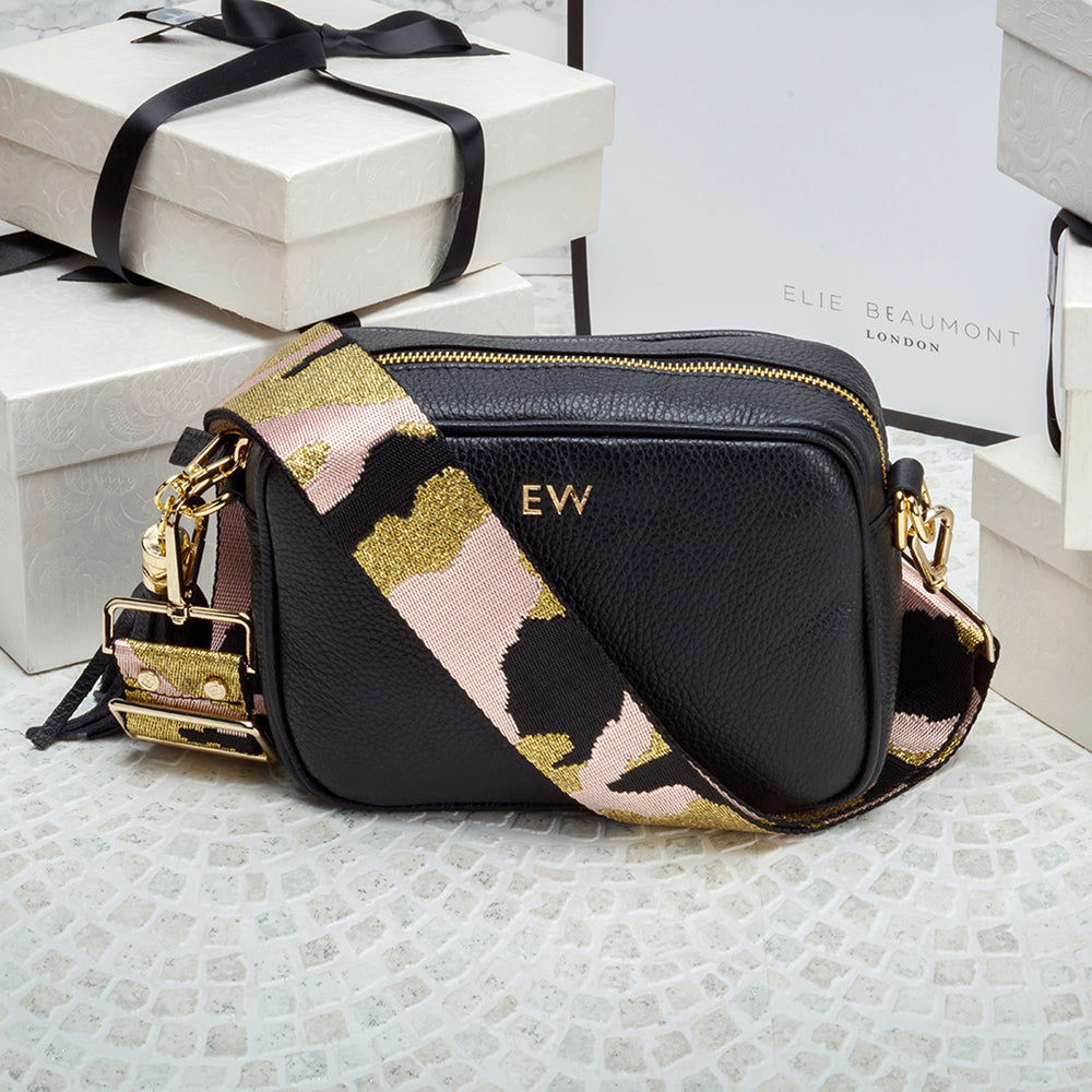 Monogrammed Leather Crossbody Mini Bag in Black  Leather Bags Deeply Engraved