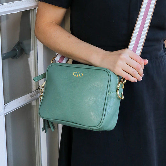Monogrammed Leather Crossbody Mini Bag in Mint Green  Leather Bags Deeply Engraved