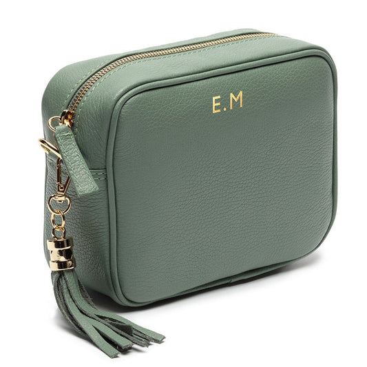 Monogrammed Leather Crossbody Mini Bag in Mint Green  Leather Bags Deeply Engraved