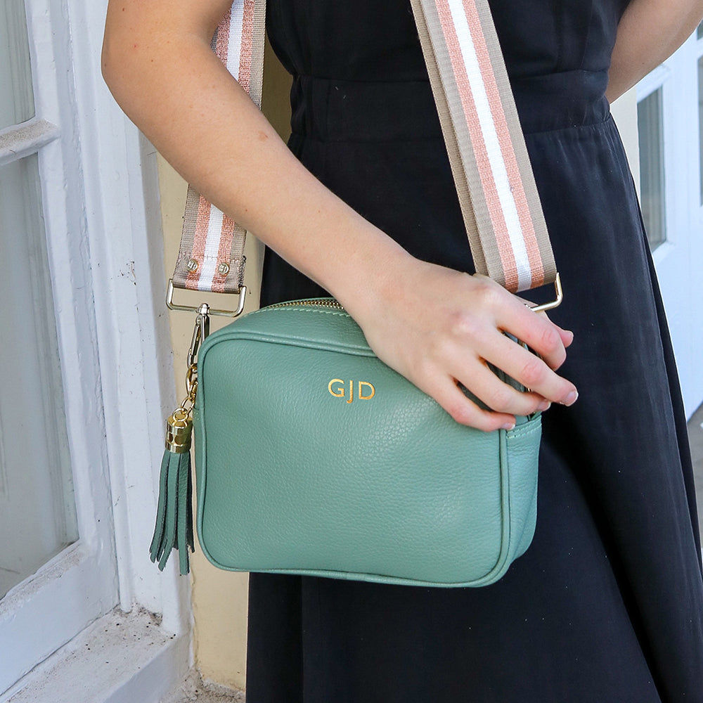 Monogrammed Leather Crossbody Mini Bag in Mint Green  Leather Bags Deeply Engraved