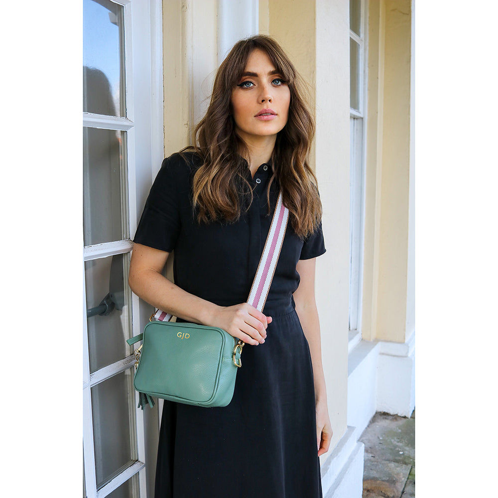 Monogrammed Leather Crossbody Mini Bag in Mint Green  Leather Bags Deeply Engraved