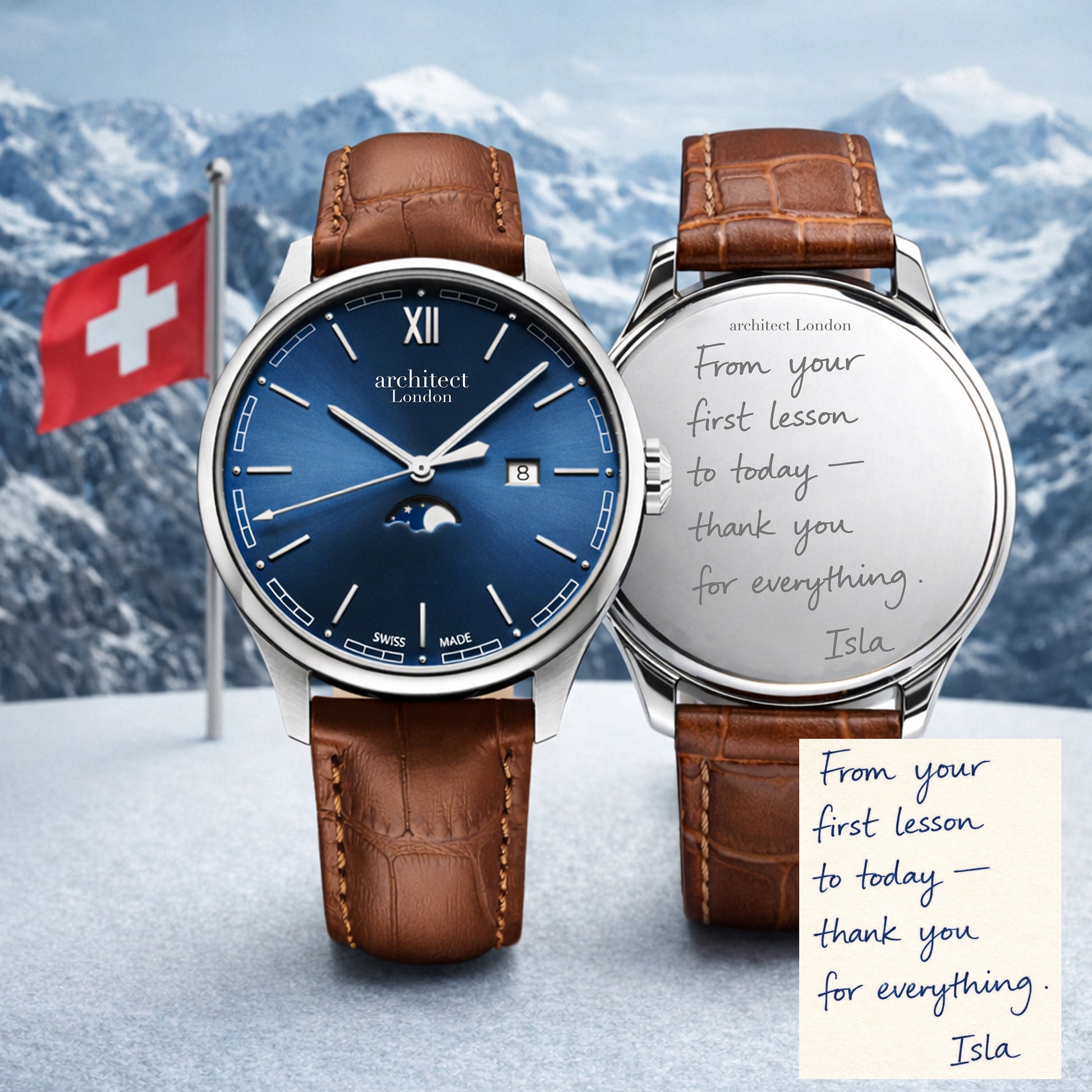 Montreux – Handwriting Engraved Swiss Watch for Men Sunray-Blue-Dial