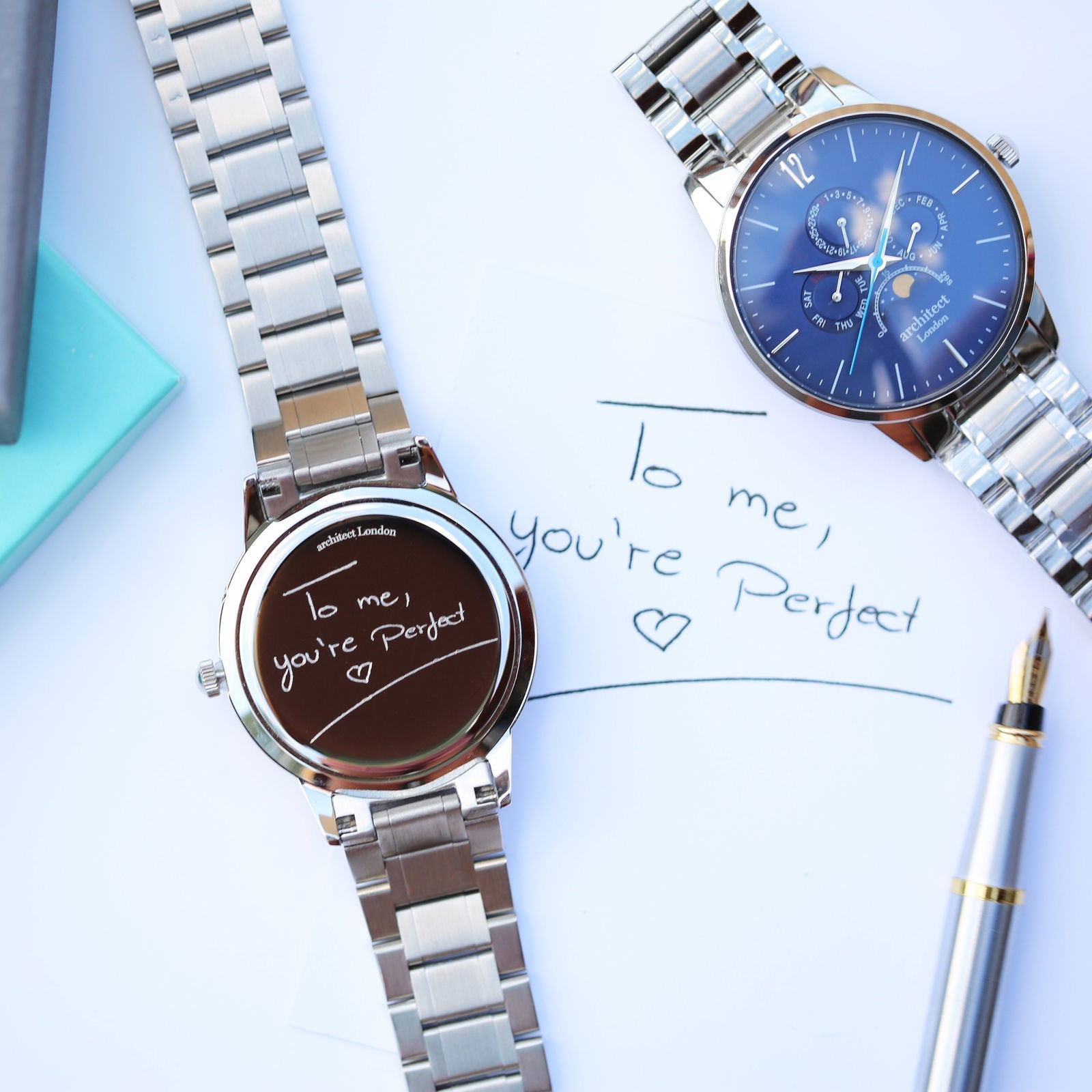 Moonphase Chronograph – Handwriting Engraved Watch (Blue Dial)  Men's Watches Deeply Engraved