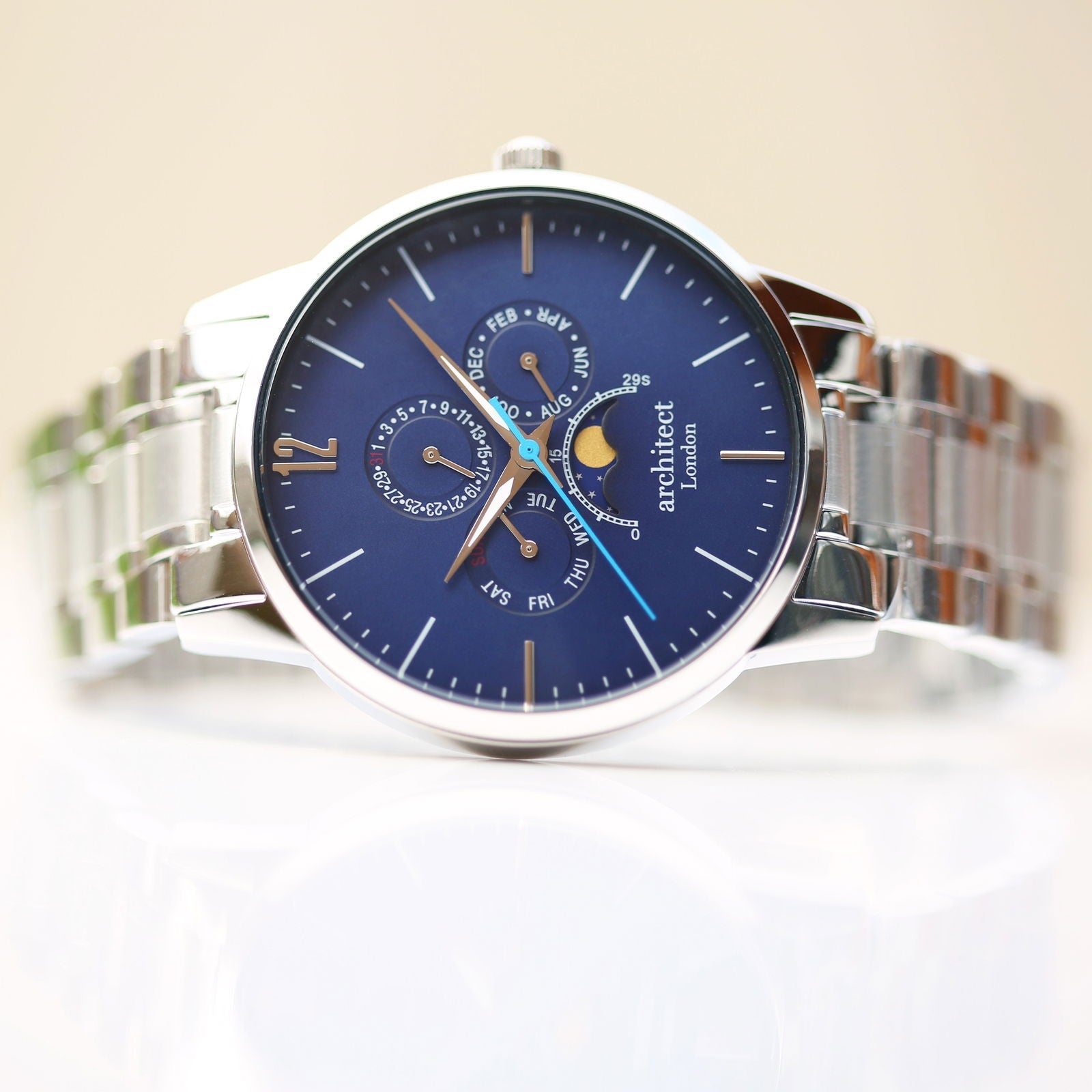 Moonphase Chronograph – Handwriting Engraved Watch (Blue Dial)  Men's Watches Deeply Engraved