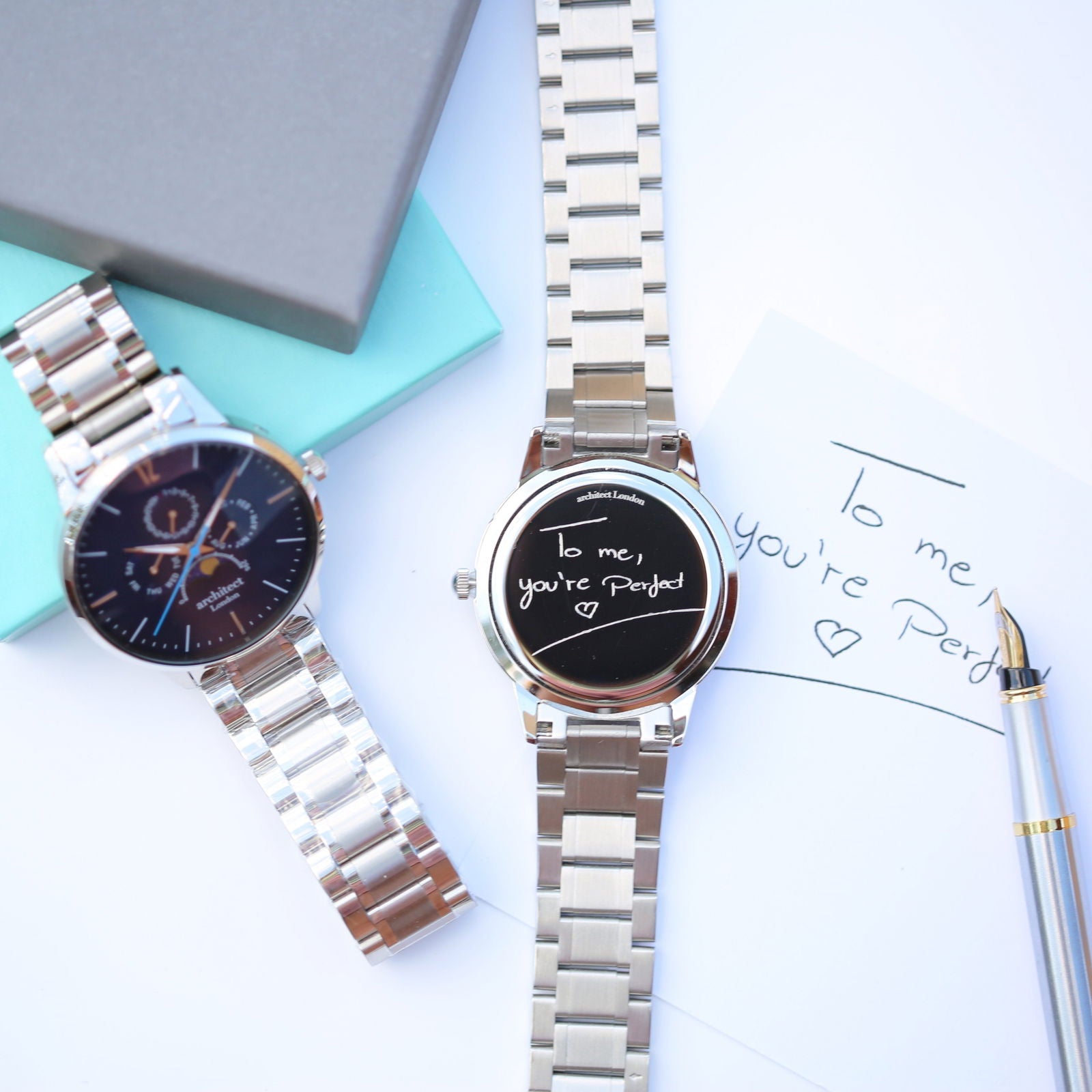 Moonphase Chronograph – Handwriting Engraved Watch (Blue Dial)  Men's Watches Deeply Engraved