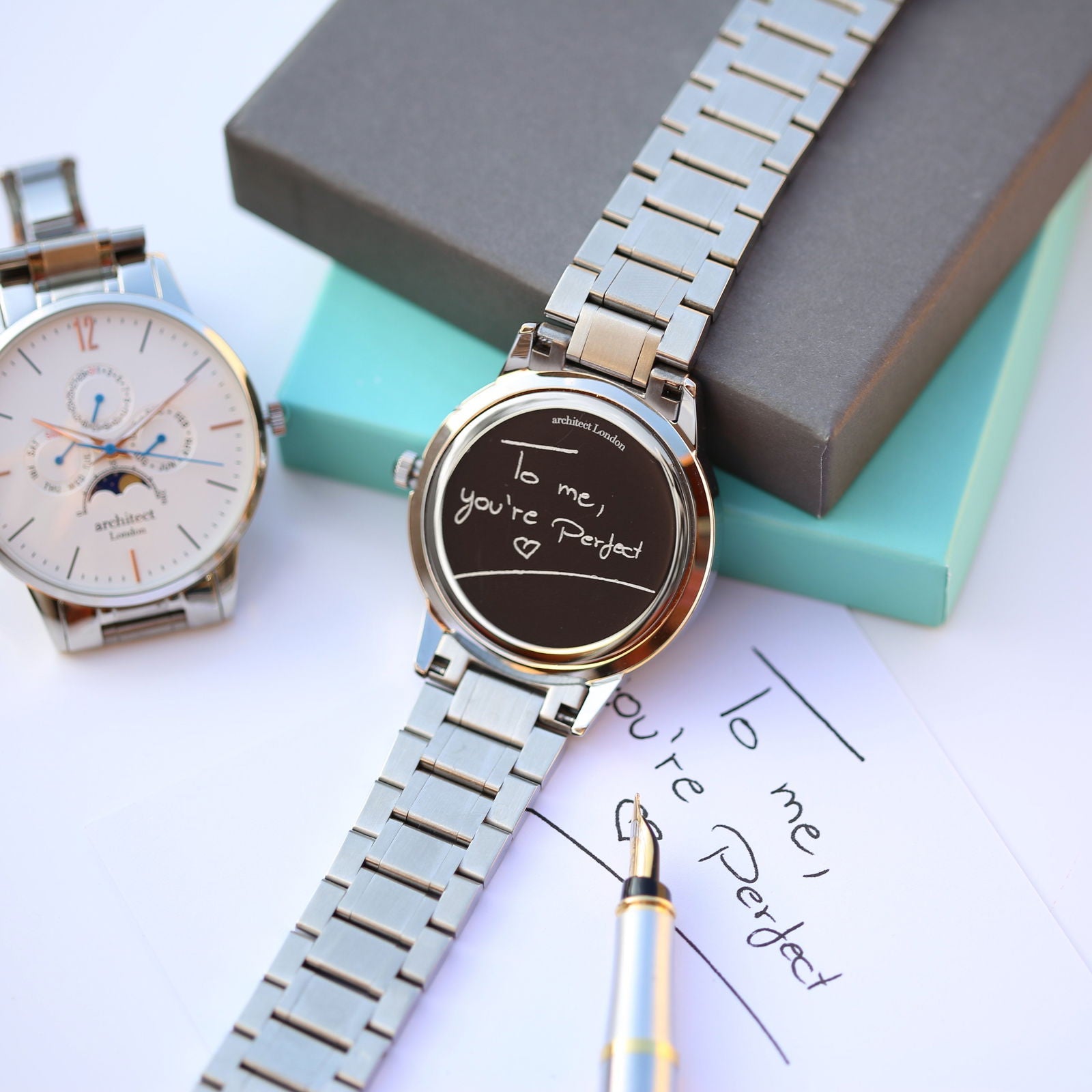 Moonphase Chronograph – Handwriting Engraved Watch (White Dial)  Men's Watches Deeply Engraved
