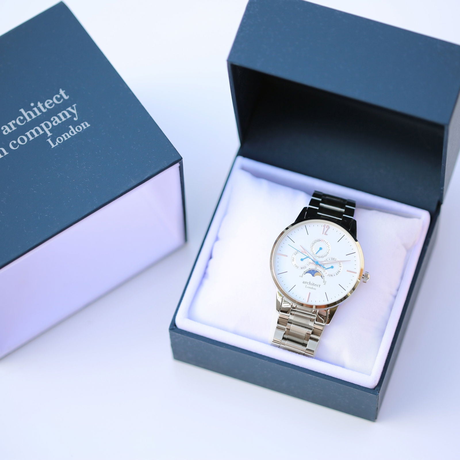 Moonphase Chronograph – Handwriting Engraved Watch (White Dial)  Men's Watches Deeply Engraved