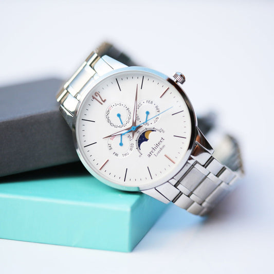 Moonphase Chronograph – Personalized Engraved Watch (White Dial)  Men's Watches Deeply Engraved