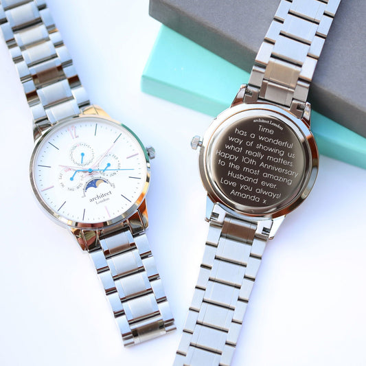 Moonphase Chronograph – Personalized Engraved Watch (White Dial)  Men's Watches Deeply Engraved
