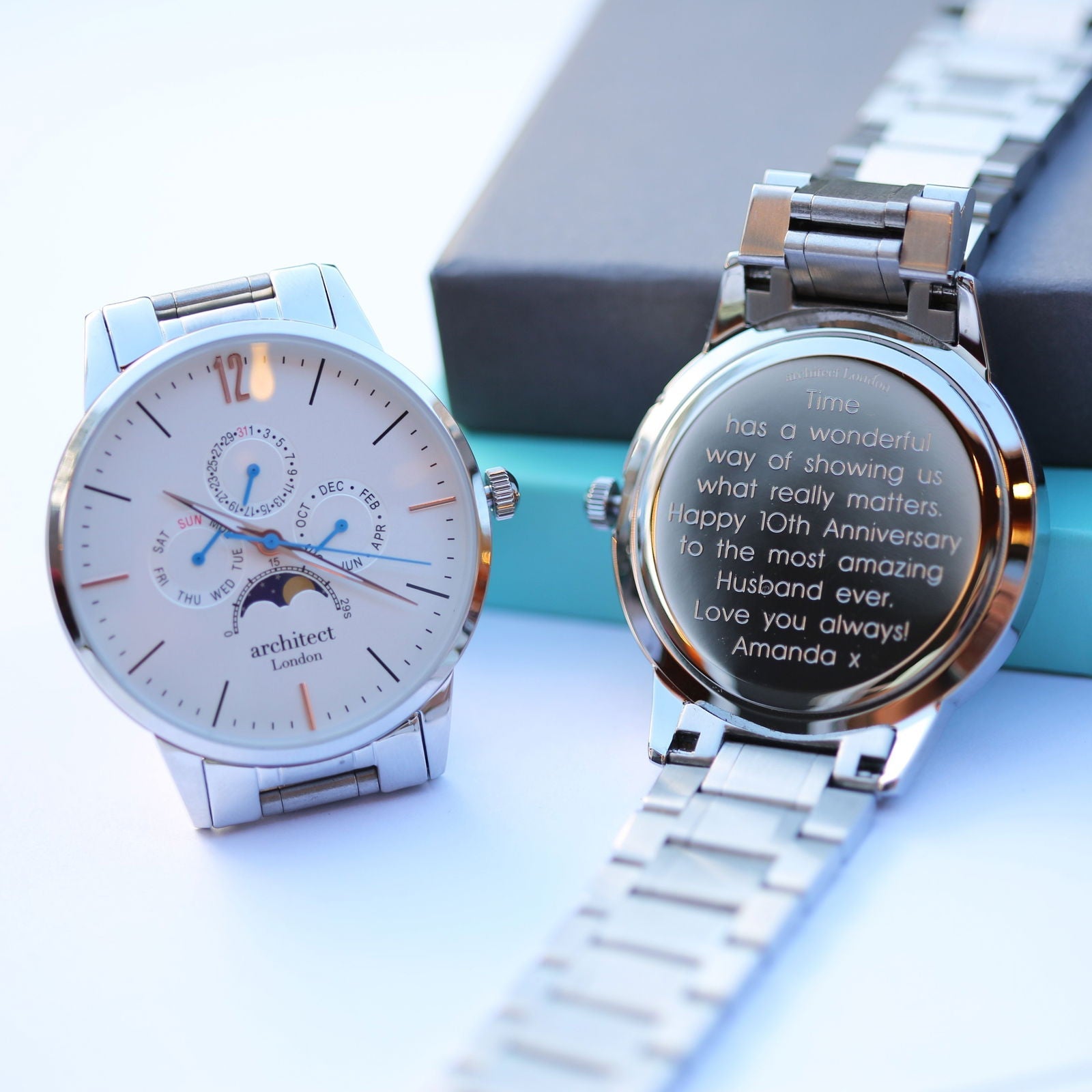Moonphase Chronograph – Personalized Engraved Watch (White Dial)  Men's Watches Deeply Engraved