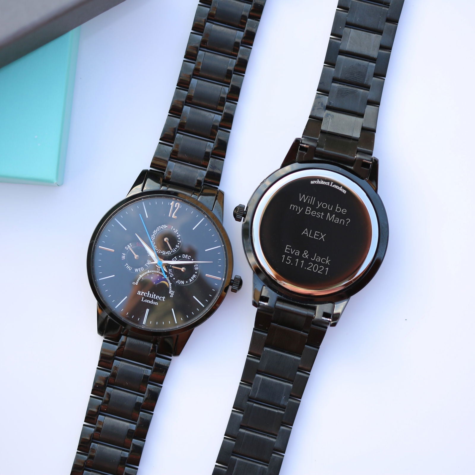 Moonphase Chronograph – Personalized Watch (Black Dial)  Men's Watches Deeply Engraved