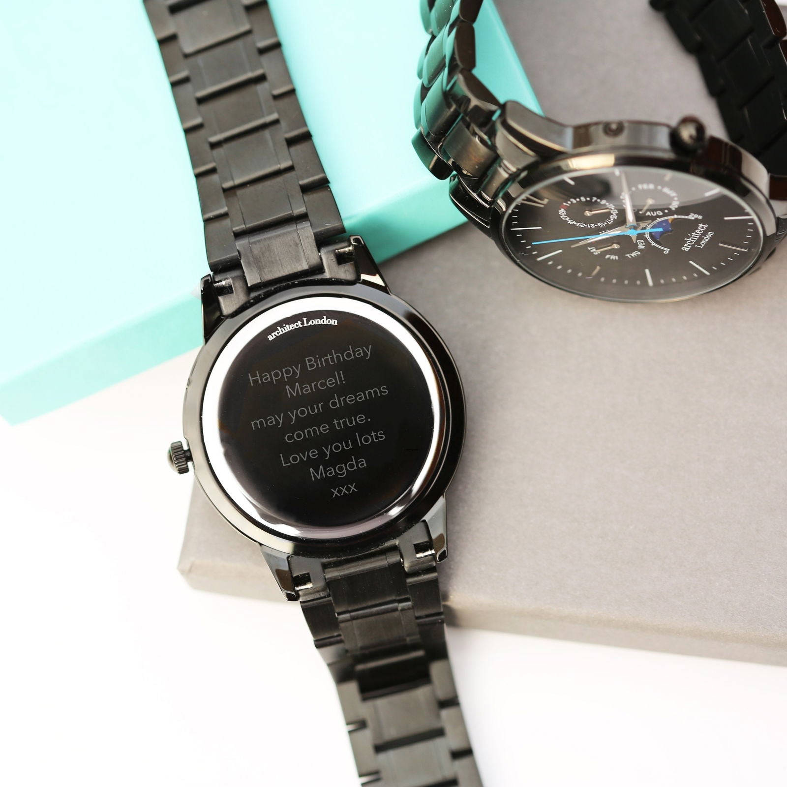 Moonphase Chronograph – Personalized Watch (Black Dial)  Men's Watches Deeply Engraved
