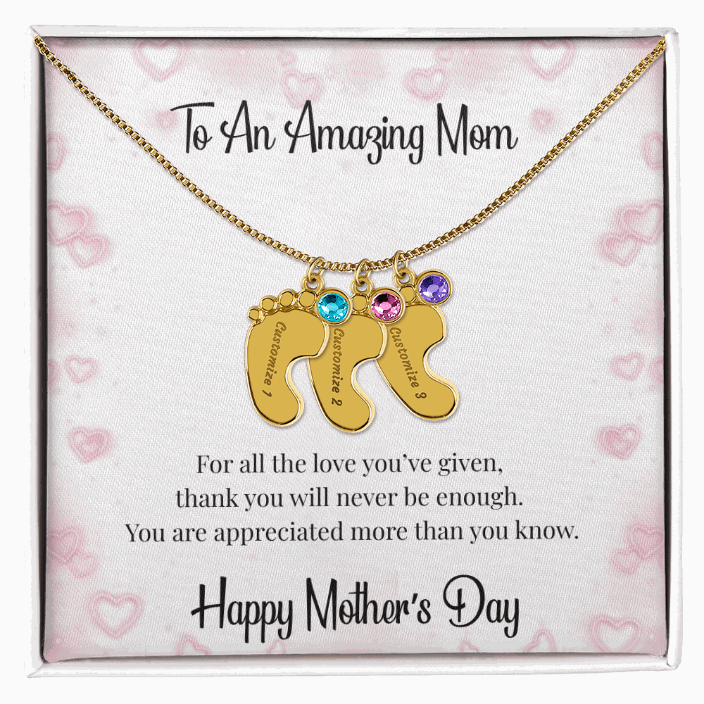 Mother's Day Engraved Baby Feet Necklace with Birthstone  Jewelry Deeply Engraved