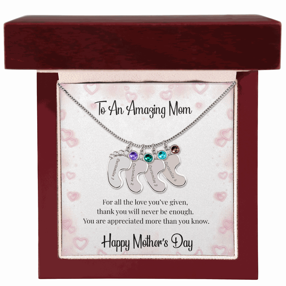 Mother's Day Engraved Baby Feet Necklace with Birthstone  Jewelry Deeply Engraved