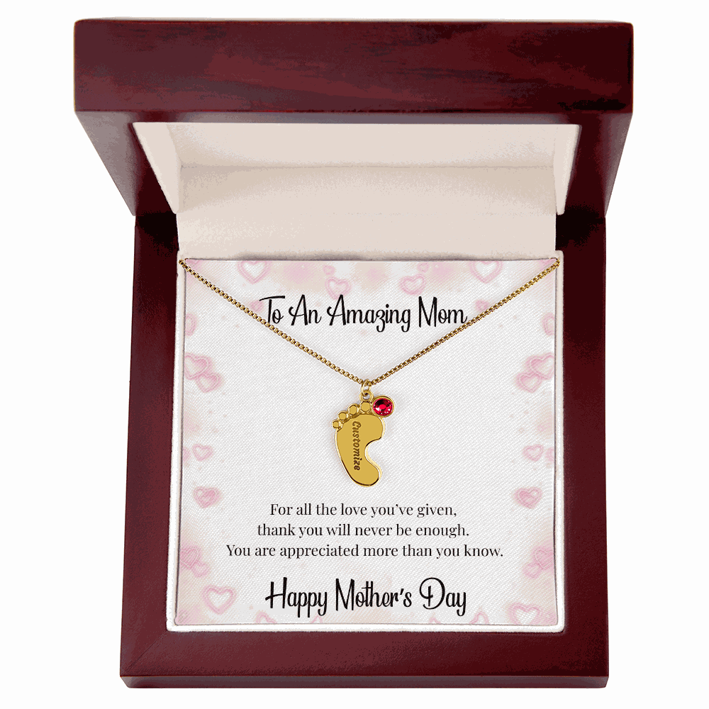 Mother's Day Engraved Baby Feet Necklace with Birthstone  Jewelry Deeply Engraved