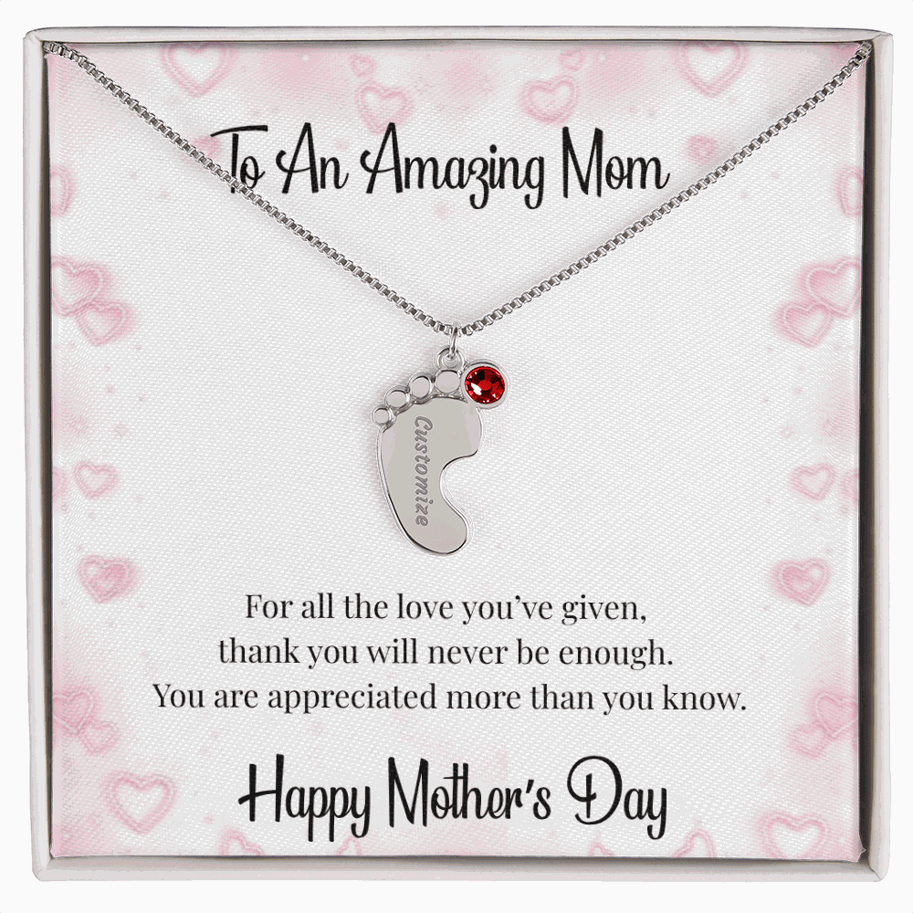 Mother's Day Engraved Baby Feet Necklace with Birthstone  Jewelry Deeply Engraved