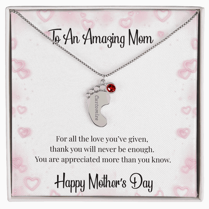 Mother's Day Engraved Baby Feet Necklace with Birthstone  Jewelry Deeply Engraved