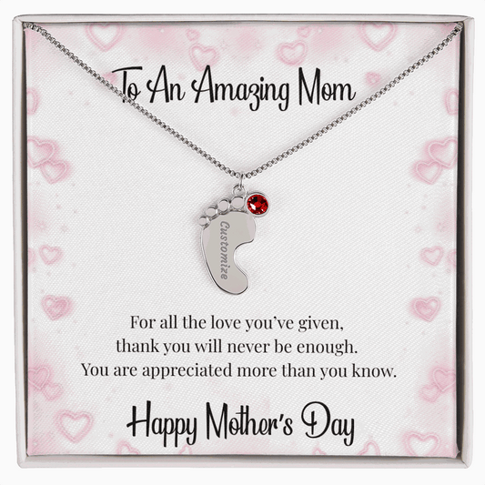 Mother's Day Engraved Baby Feet Necklace with Birthstone  Jewelry Deeply Engraved