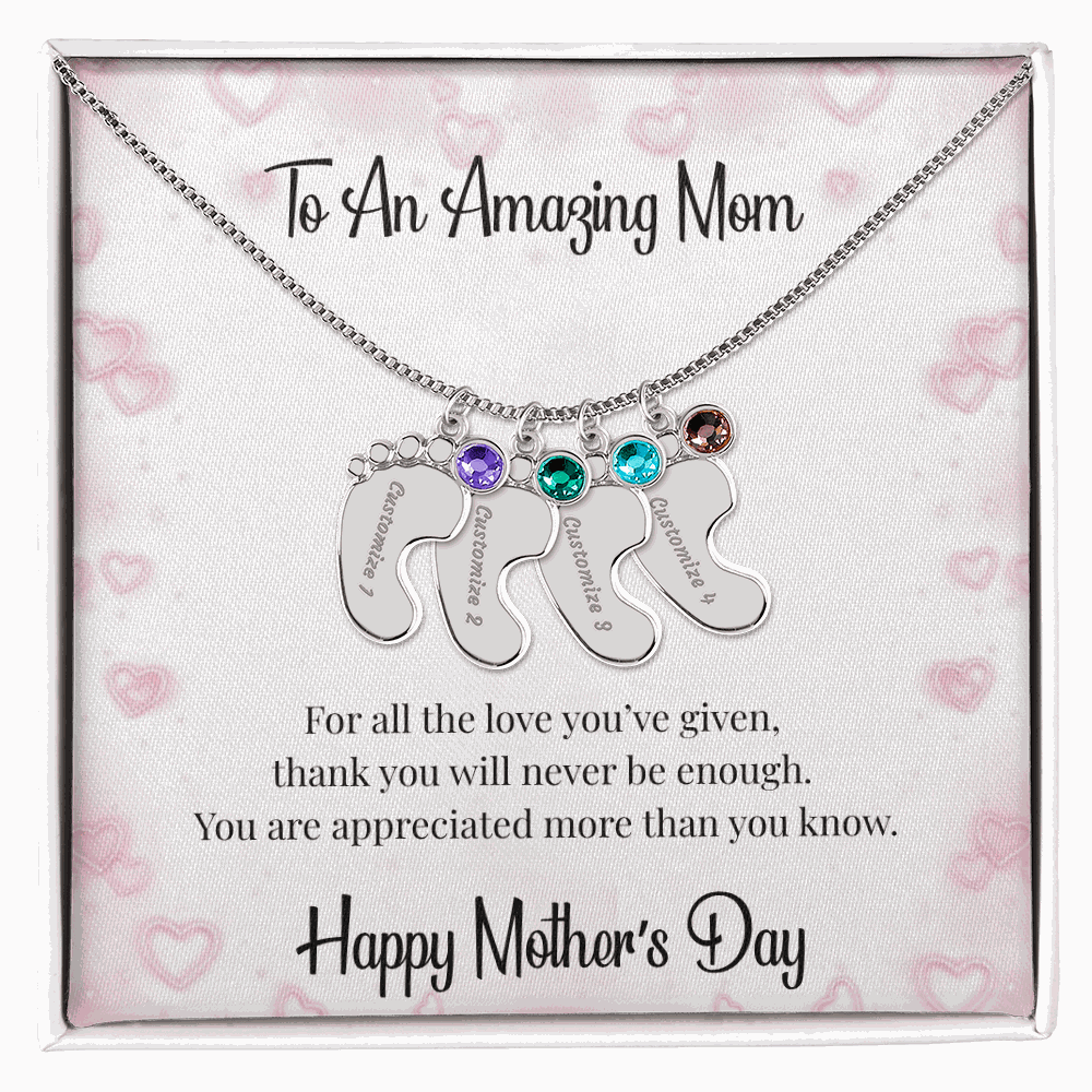 Mother's Day Engraved Baby Feet Necklace with Birthstone  Jewelry Deeply Engraved