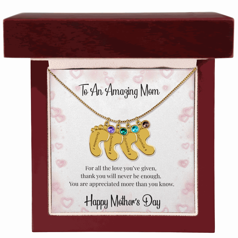 Mother's Day Engraved Baby Feet Necklace with Birthstone  Jewelry Deeply Engraved