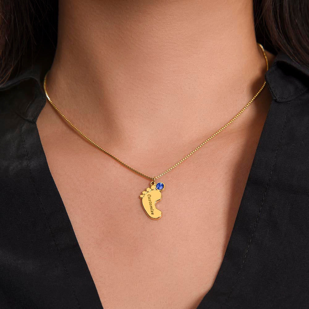Mother's Day Engraved Baby Feet Necklace with Birthstone  Jewelry Deeply Engraved