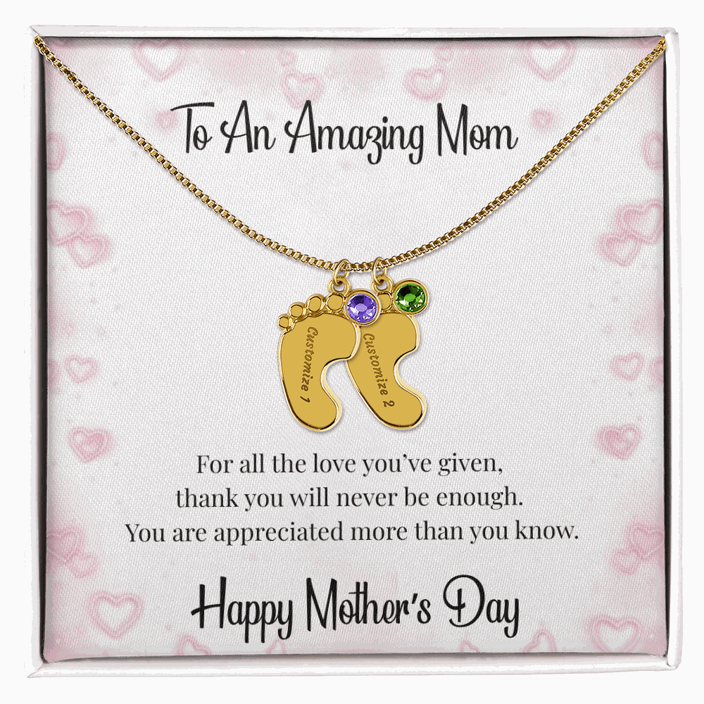 Mother's Day Engraved Baby Feet Necklace with Birthstone  Jewelry Deeply Engraved