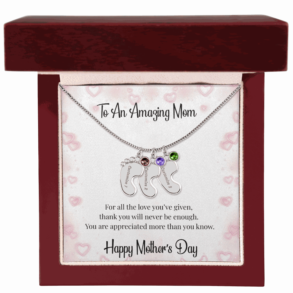 Mother's Day Engraved Baby Feet Necklace with Birthstone  Jewelry Deeply Engraved