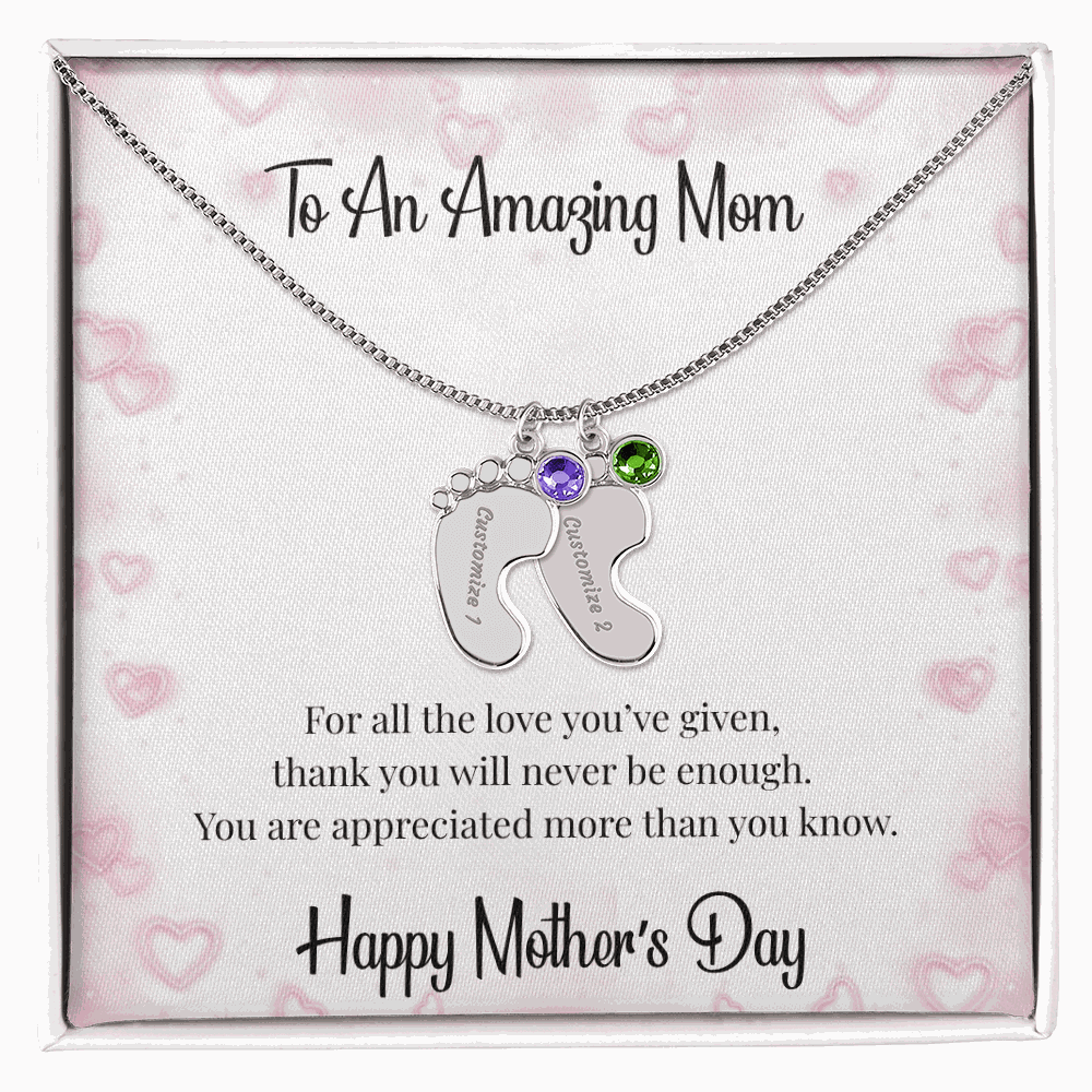 Mother's Day Engraved Baby Feet Necklace with Birthstone  Jewelry Deeply Engraved
