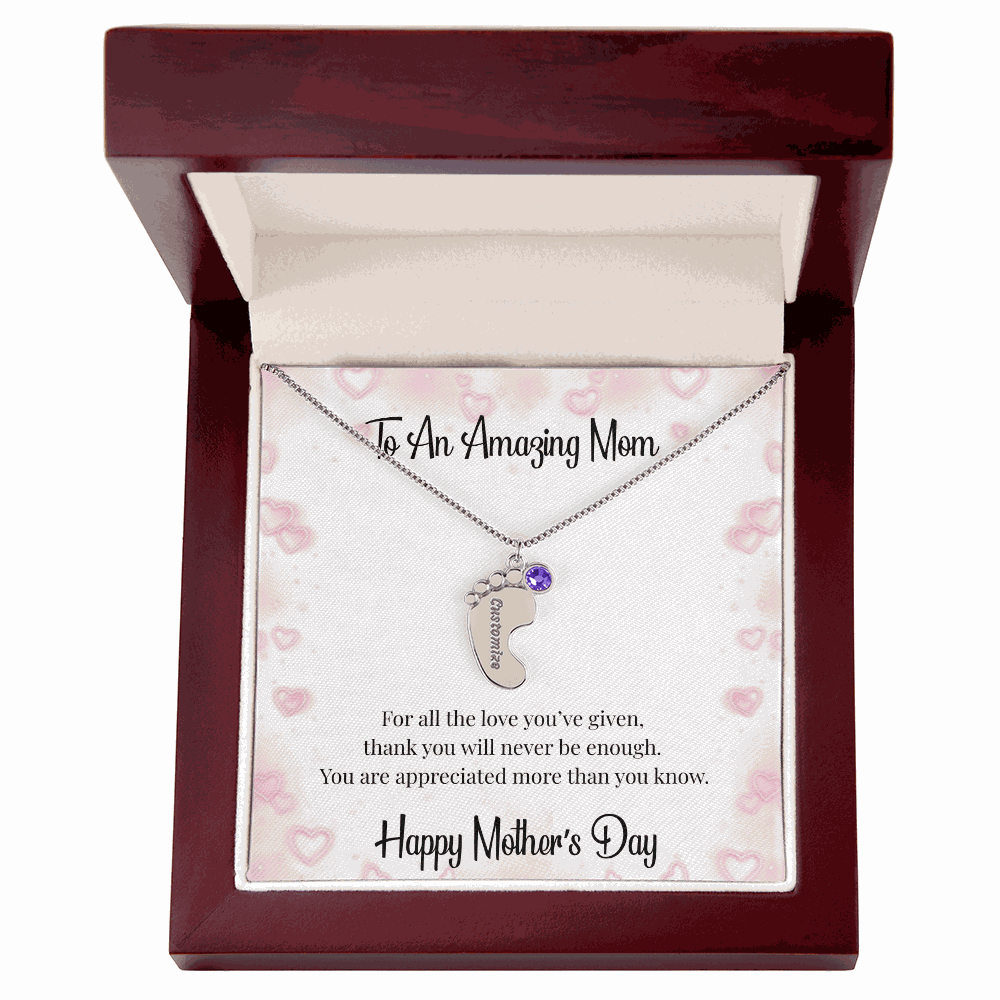 Mother's Day Engraved Baby Feet Necklace with Birthstone  Jewelry Deeply Engraved