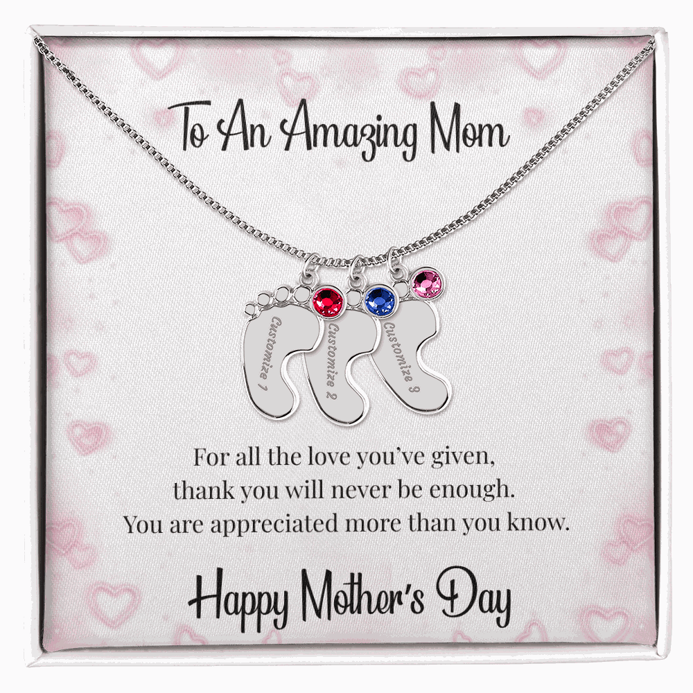 Mother's Day Engraved Baby Feet Necklace with Birthstone  Jewelry Deeply Engraved