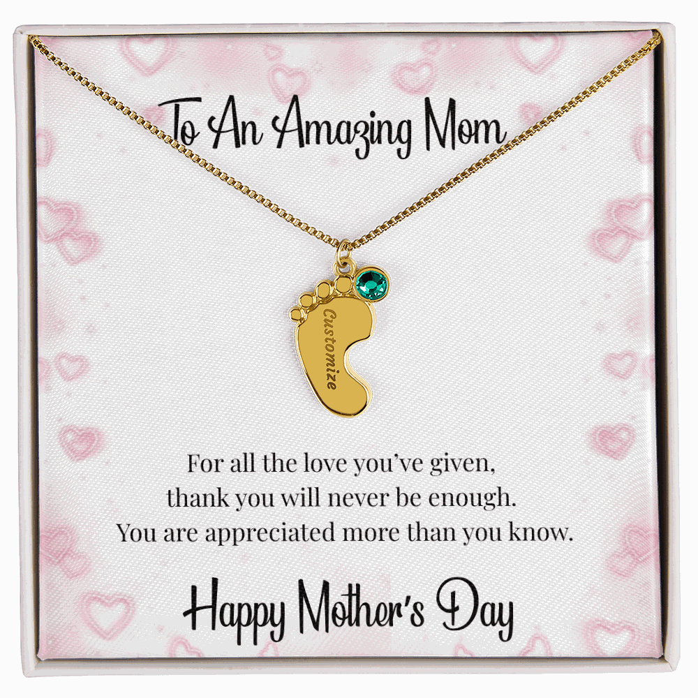 Mother's Day Engraved Baby Feet Necklace with Birthstone  Jewelry Deeply Engraved