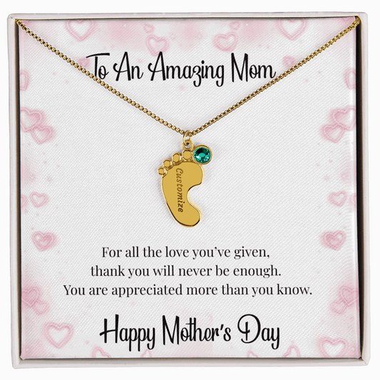 Mother's Day Engraved Baby Feet Necklace with Birthstone  Jewelry Deeply Engraved
