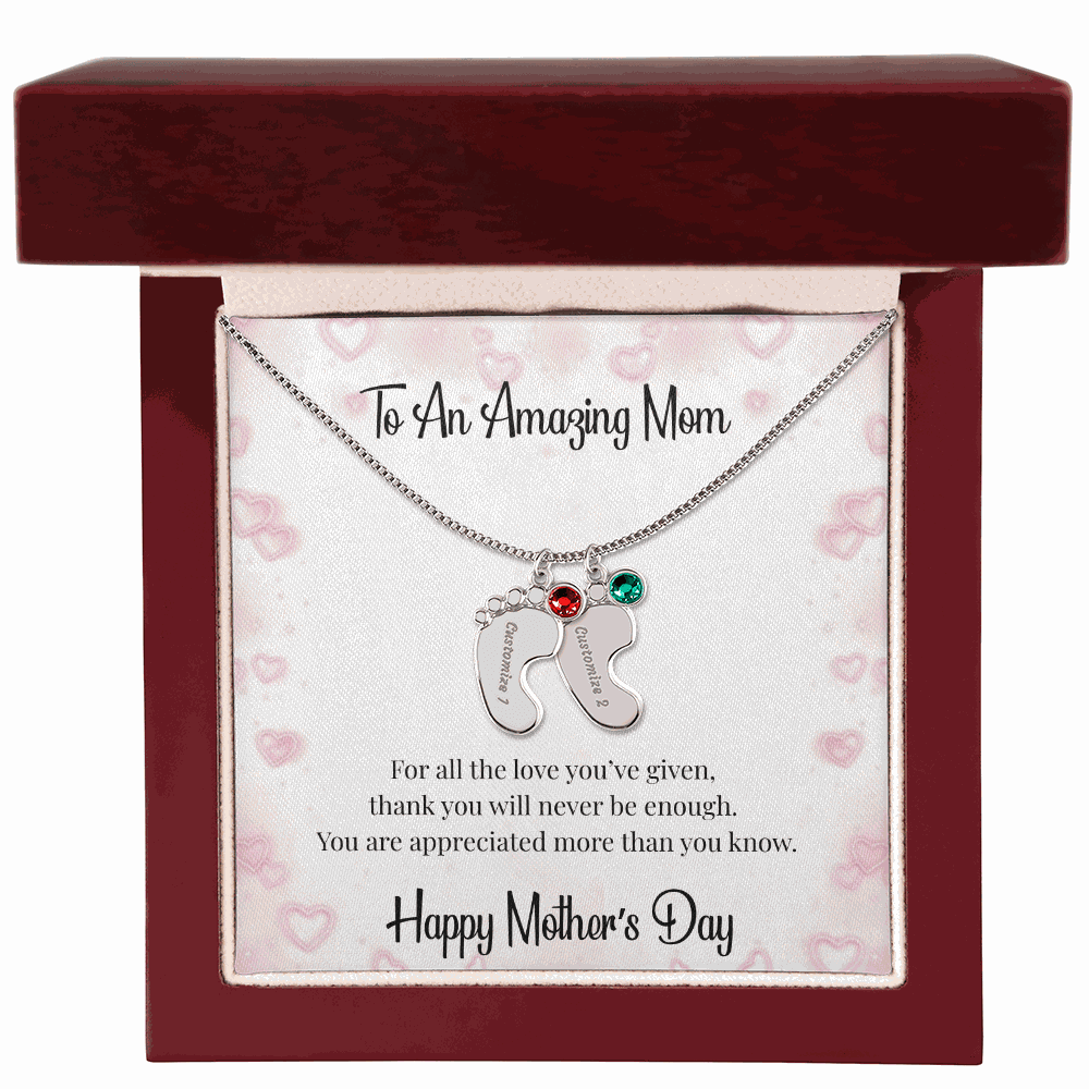Mother's Day Engraved Baby Feet Necklace with Birthstone  Jewelry Deeply Engraved