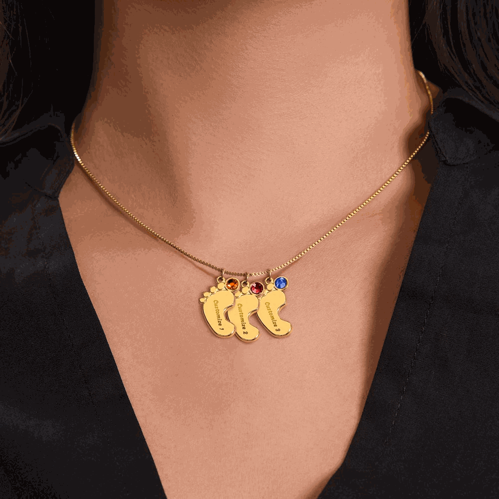 Mother's Day Engraved Baby Feet Necklace with Birthstone  Jewelry Deeply Engraved