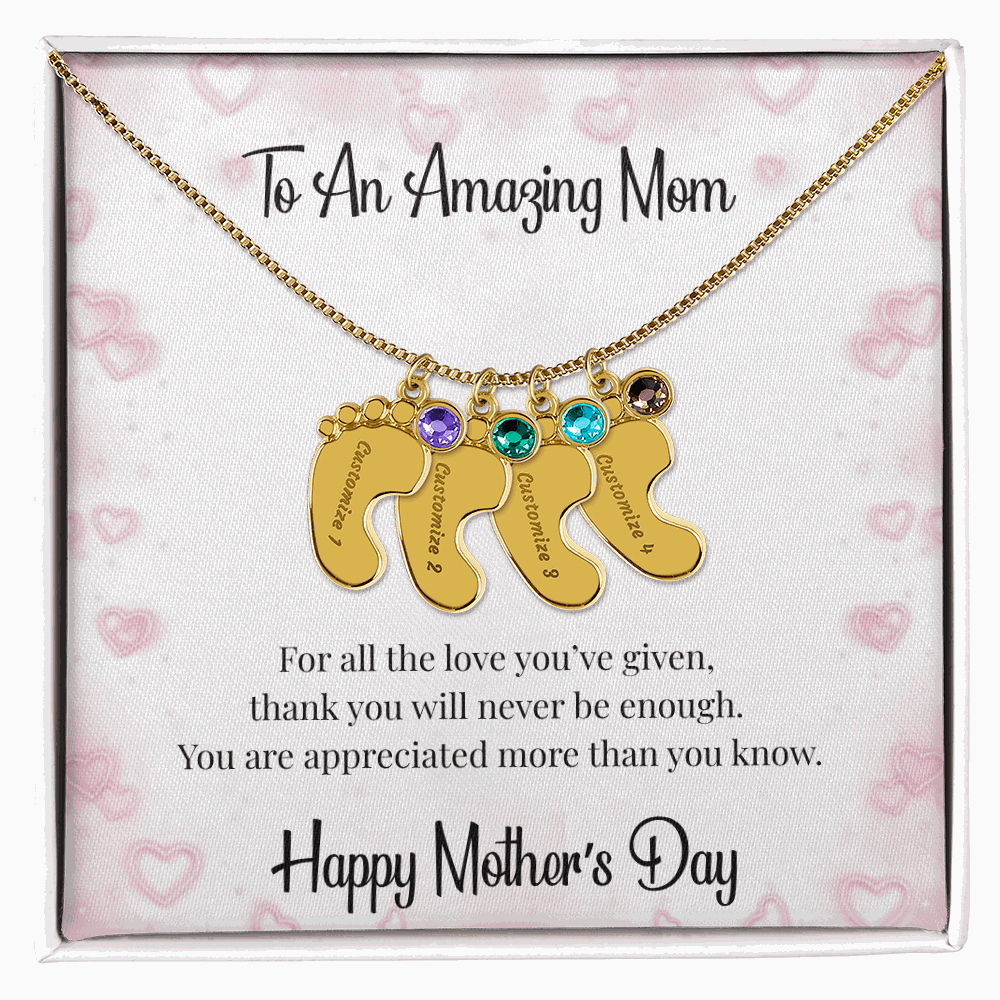 Mother's Day Engraved Baby Feet Necklace with Birthstone  Jewelry Deeply Engraved
