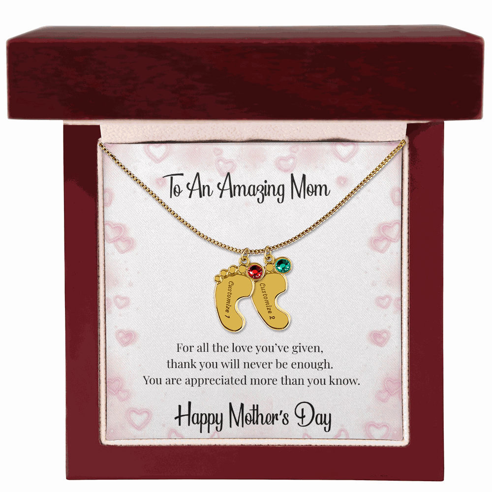 Mother's Day Engraved Baby Feet Necklace with Birthstone  Jewelry Deeply Engraved