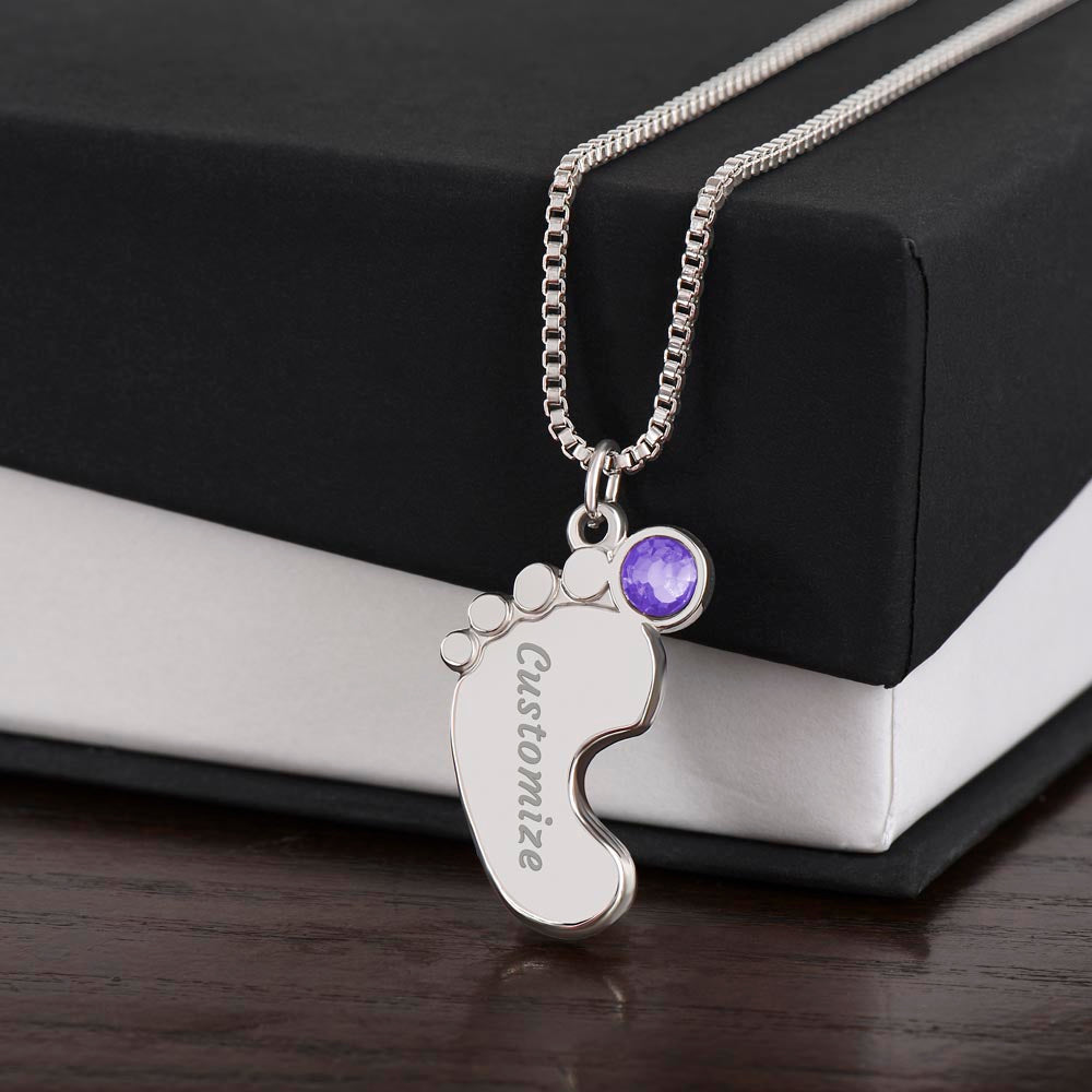 Mother's Day Engraved Baby Feet Necklace with Birthstone  Jewelry Deeply Engraved