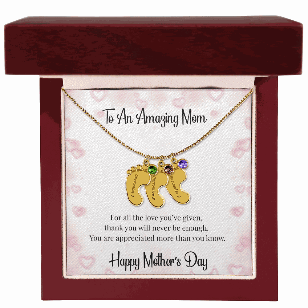 Mother's Day Engraved Baby Feet Necklace with Birthstone  Jewelry Deeply Engraved