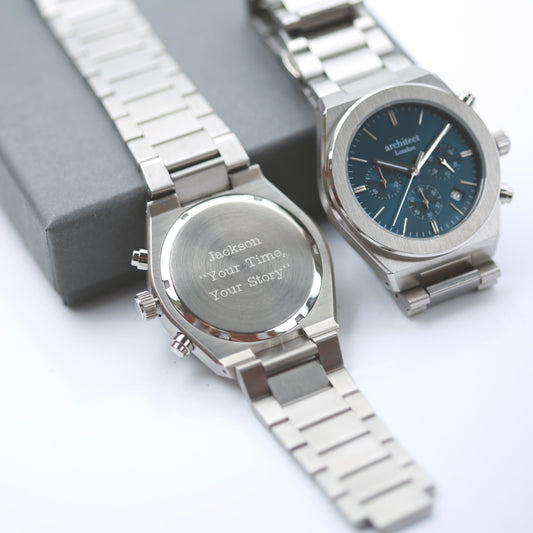 Men's Custom Engraved Steel Chronograph | Blue Sunray Dial