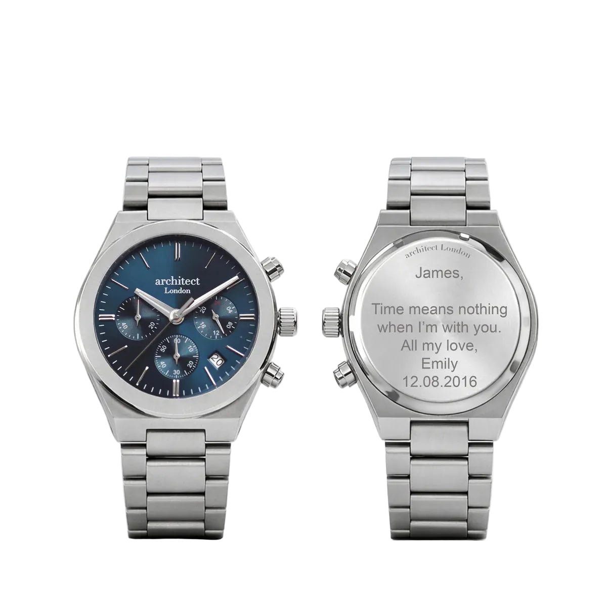 Men's Custom Engraved Steel Chronograph | Blue Sunray Dial