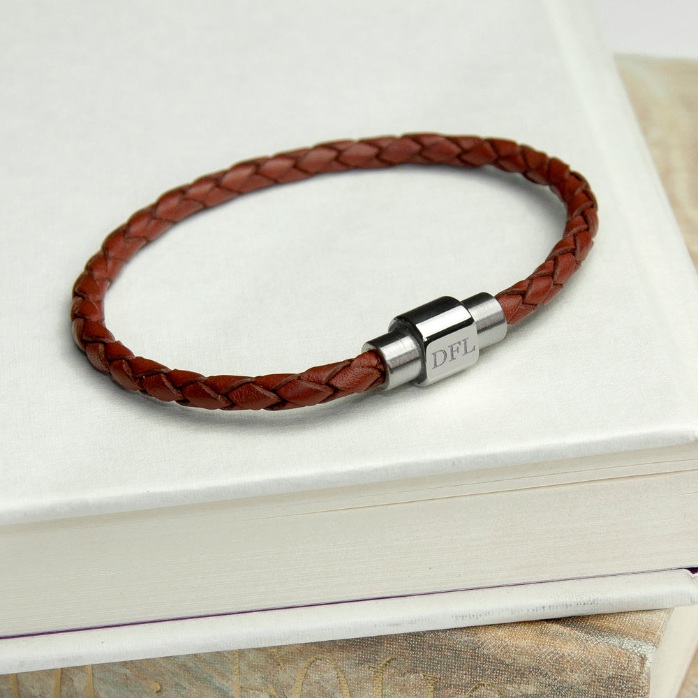 Personalized Men's Woven Leather Bracelet in Burnt Sienna - Lovesakes