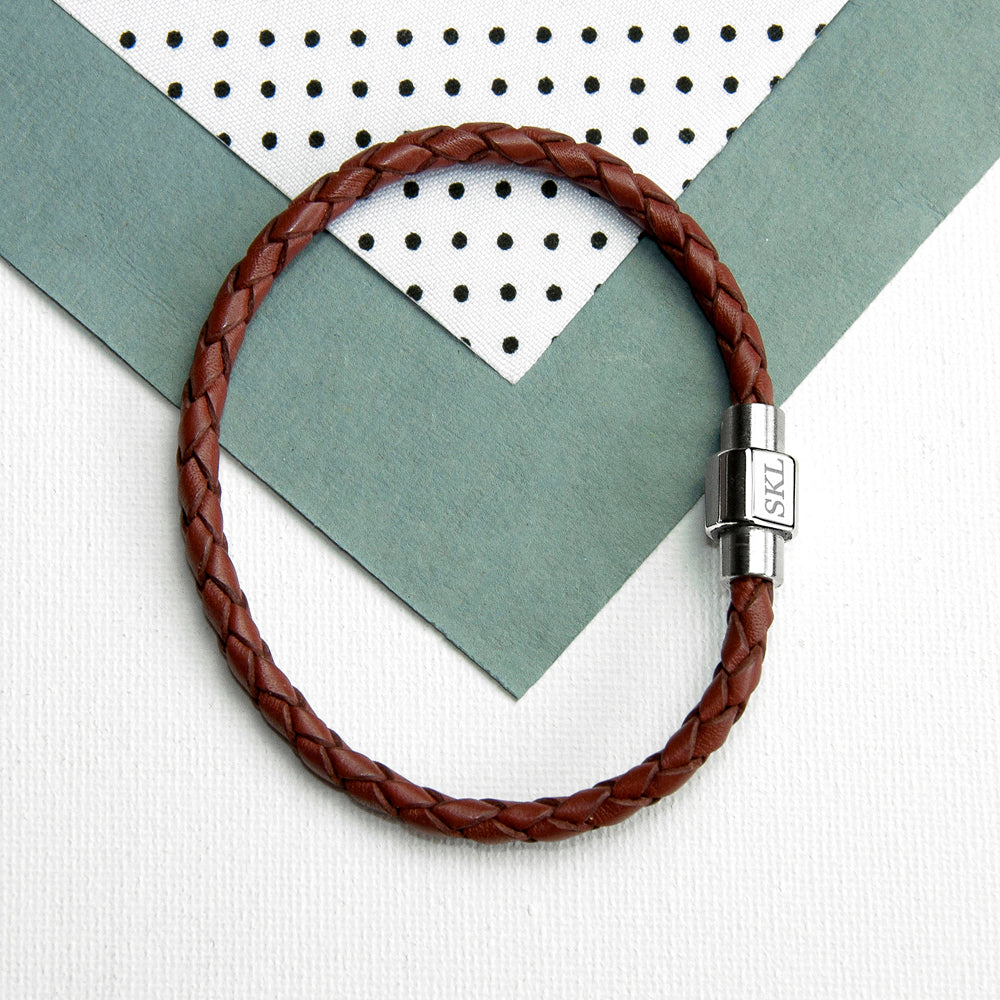 Personalized Men's Woven Leather Bracelet in Burnt Sienna - Lovesakes